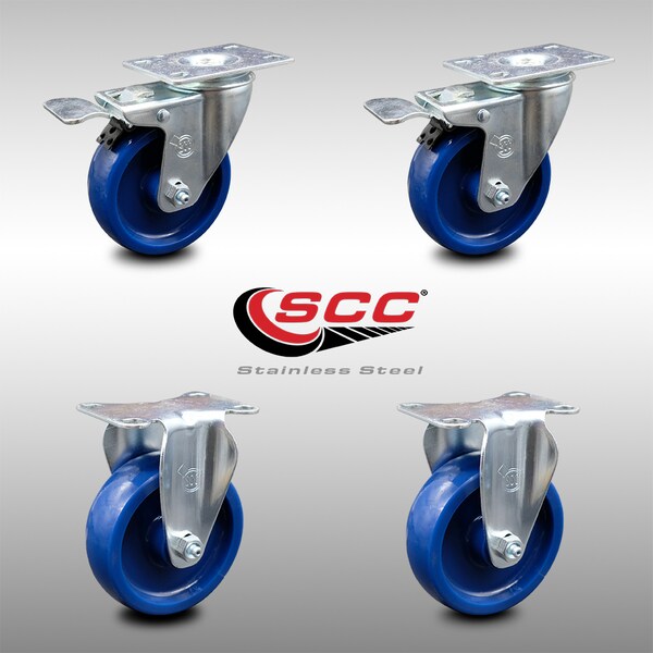 4 Inch SS Solid Polyurethane Top Plate Caster Lock Brake 2 Rigid SCC, 2PK